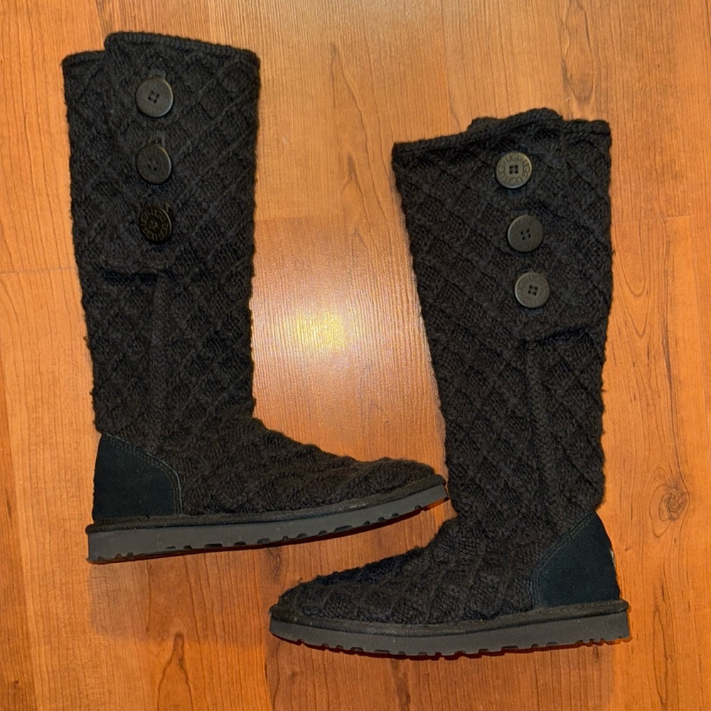 UGG Australia Lattice Cardy Black Knit Tall Sweater Boots Womens Size US 8
